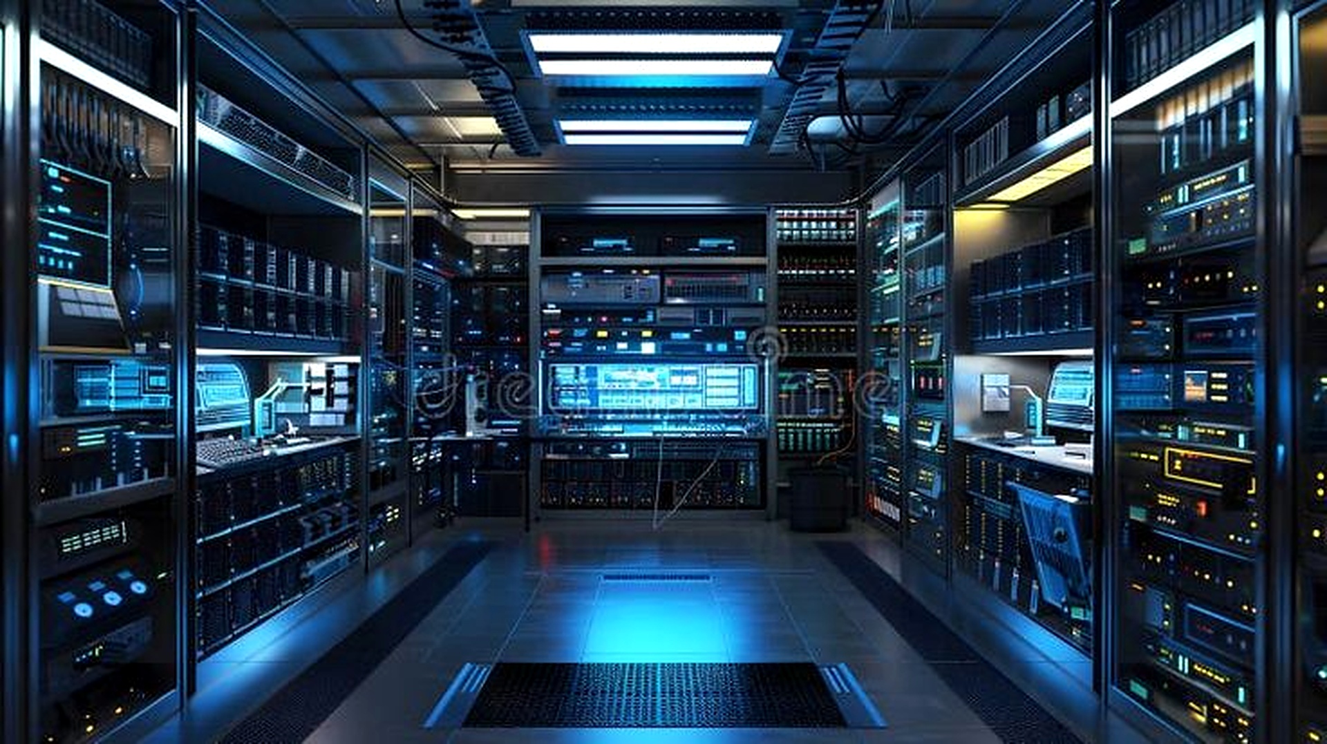 Data center server room with monitoring systems